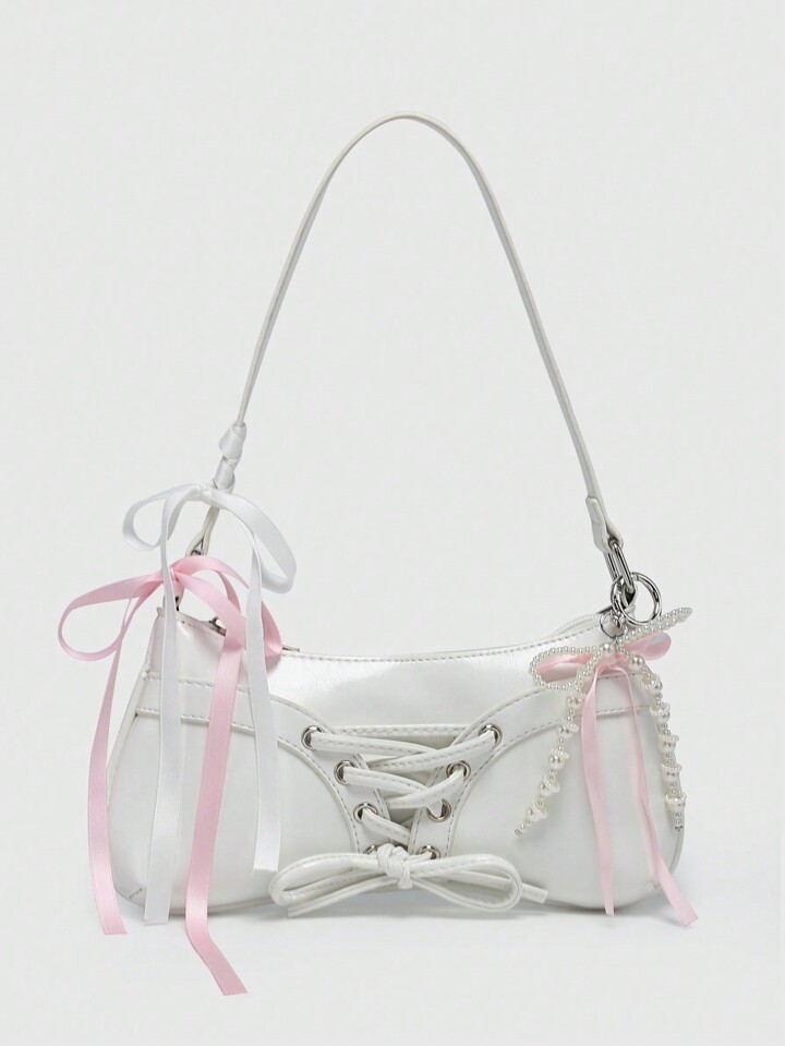 Kawaii Women's Retro Ballerina Style Bow Decor Chain & Pearl Lace Decor Sling/Underarm Baguette Shoulder Bag