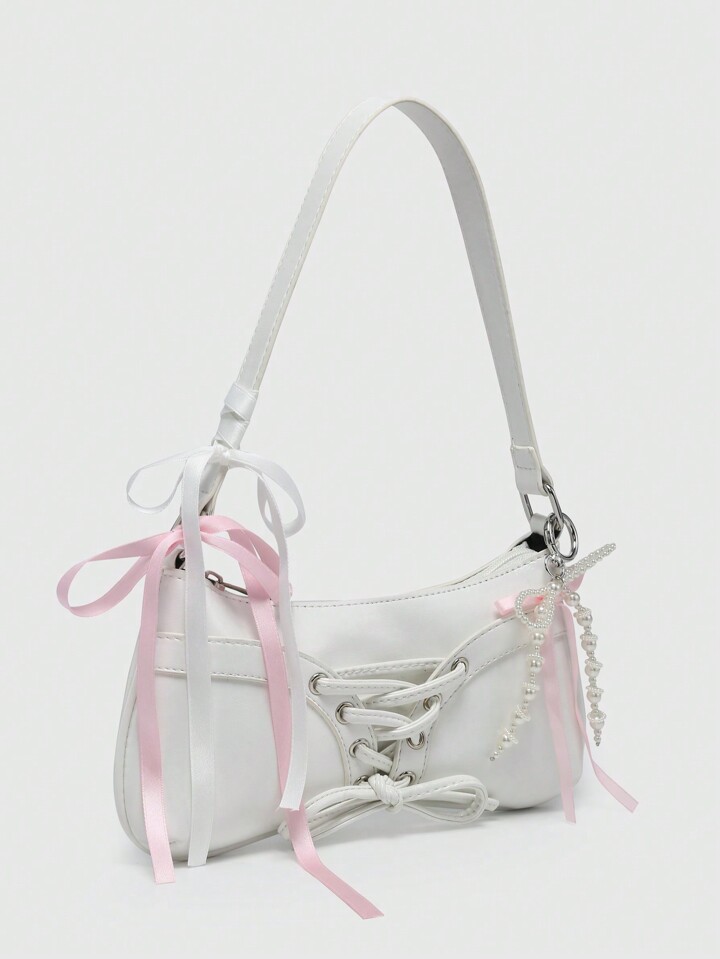 Kawaii Women's Retro Ballerina Style Bow Decor Chain & Pearl Lace Decor Sling/Underarm Baguette Shoulder Bag