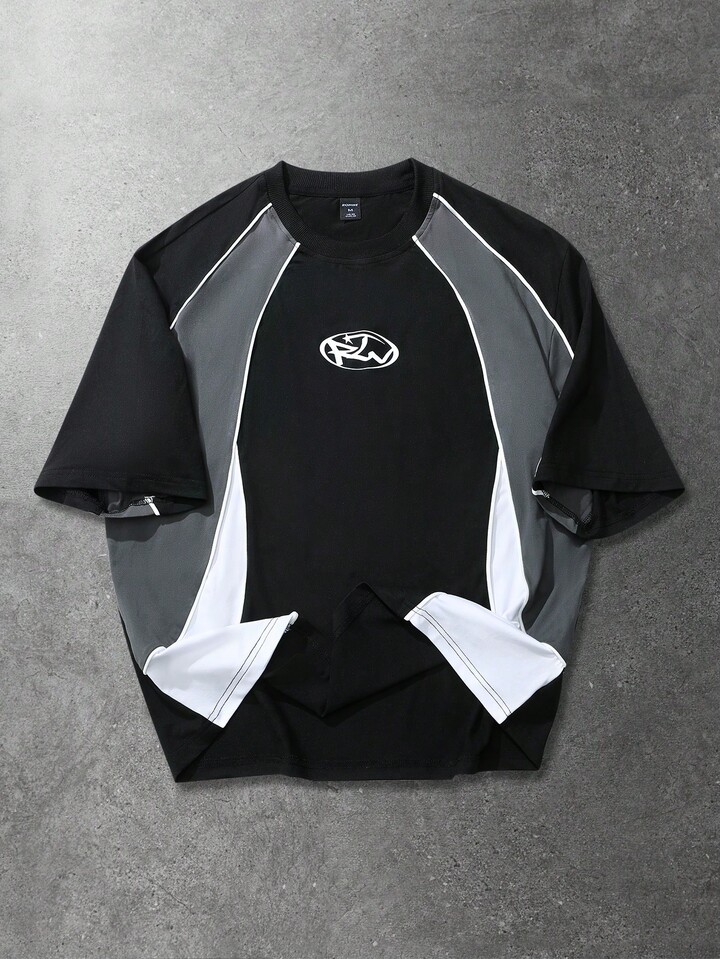 Casual Men's Geometric Print Round Neck Short Sleeve Patchwork Sports T-Shirt