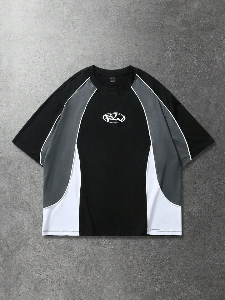 Casual Men's Geometric Print Round Neck Short Sleeve Patchwork Sports T-Shirt