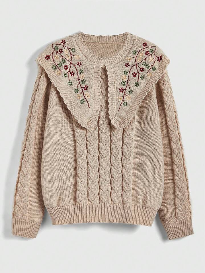 Plus Size Fairycore Vintage Floral & Plant Embroidered Pullover Sweater, For Winter