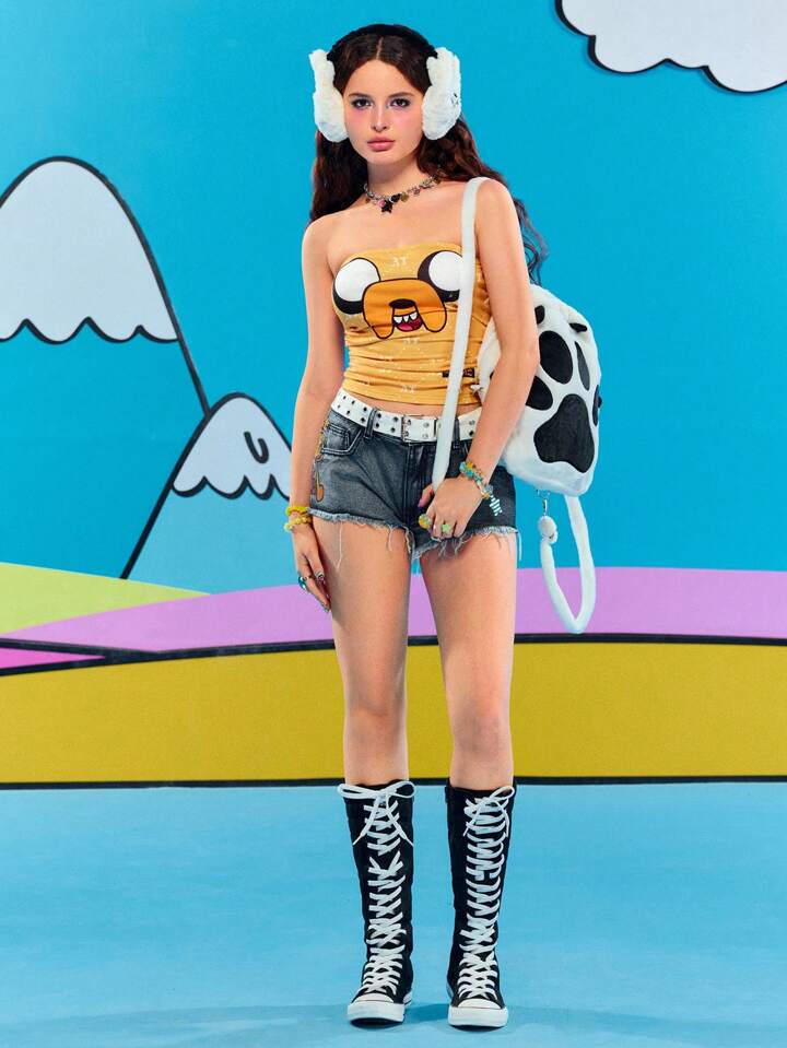 Adventure Time X ROMWE Y2K Cute Kiddie Letter Pattern Raw Hem Super Low Rise Women's Denim Shorts