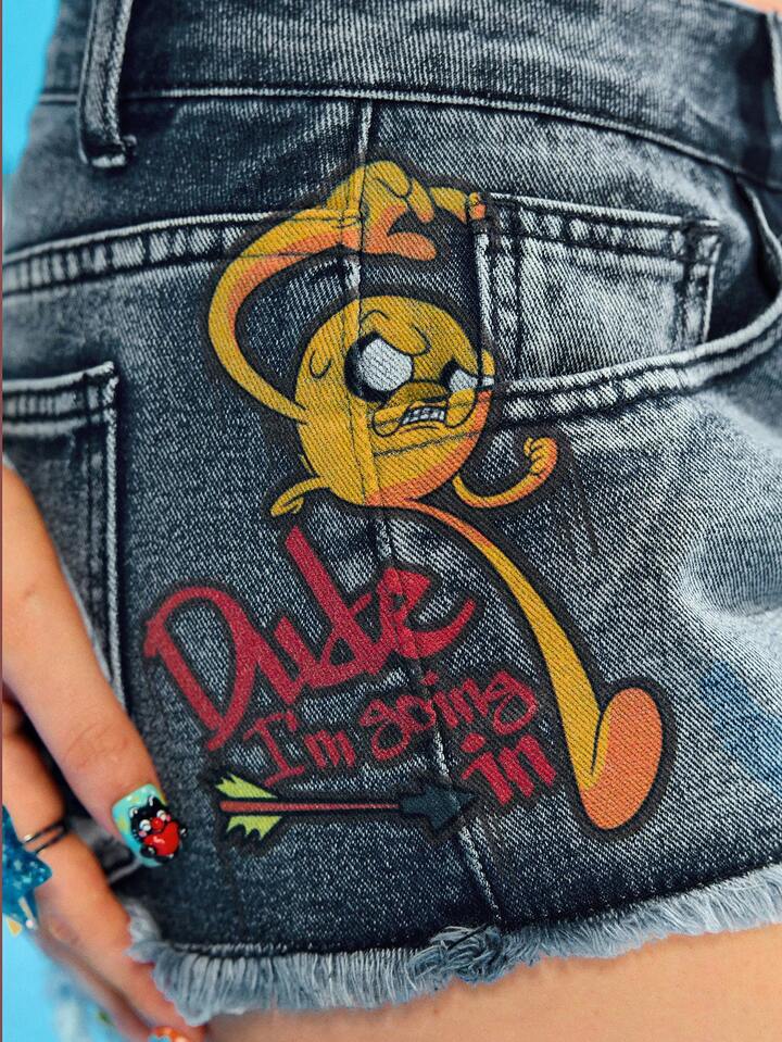 Adventure Time X ROMWE Y2K Cute Kiddie Letter Pattern Raw Hem Super Low Rise Women's Denim Shorts