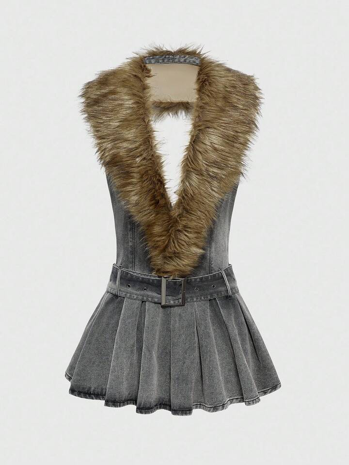 EDITION Women's Patchwork Furry Deep V-Neck Pleated Hem Sexy Halter Denim Dress