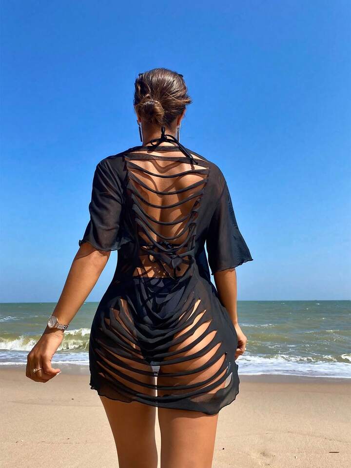Women's Solid Color Backless Ripped Short Sleeve Mesh Cover Up Dress, Vacation