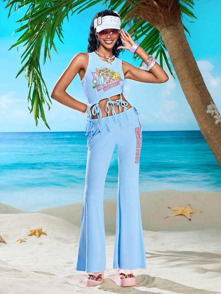 Winx Club X ROMWE Women 2pcs/Set Cartoon Graphic Round Neck Knot Crop Top And Pants Set