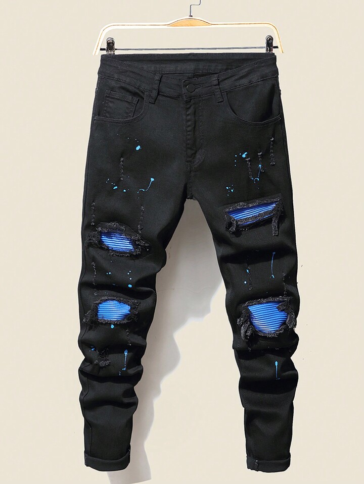 Guys Splash Ink Print Ripped Frayed Rag Stitching Jeans