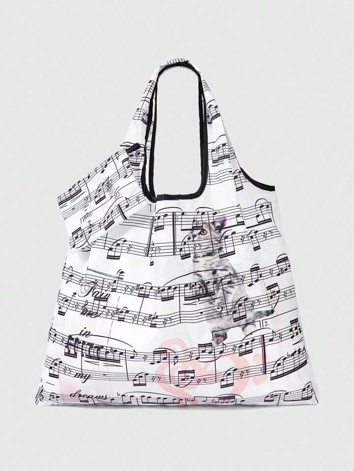 Kawaii Fashionable All-Over Heart & Music Note Pattern Large Capacity Foldable Tote Bag With Coin Purse, Portable Shopping Bag
