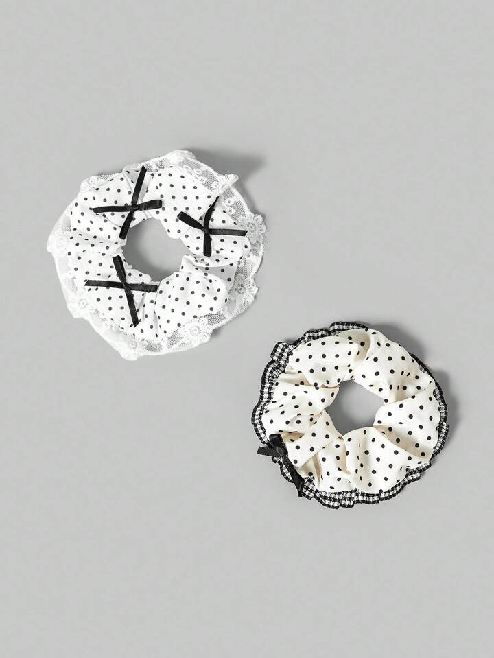 Anime 2pcs Black & White Classic Polka Dot Minimalist Geometric Pattern Hair Scrunchies, Sexy Lace Patchwork Cute Bow Stylish Oversized Spiral Coil Hair Ties, Suitable For Daily Matching, Can Also Be Used As Bracelets