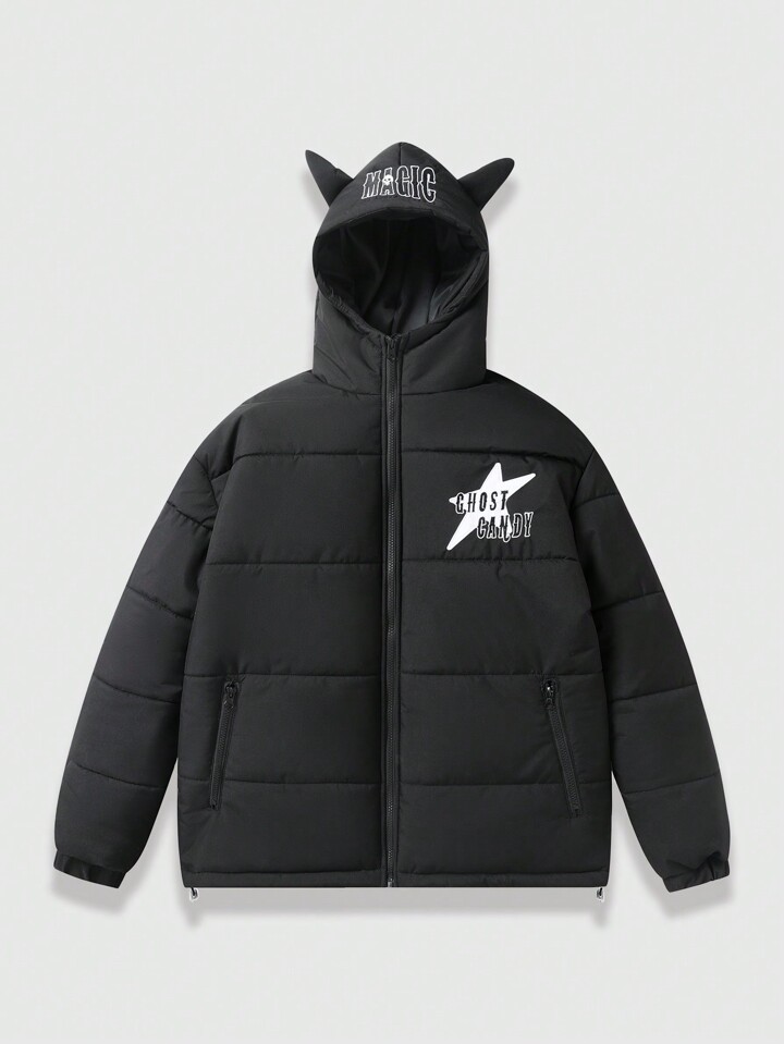 Street Life Men's Winter Letter Print Zip Front Hooded Casual Padded Coat