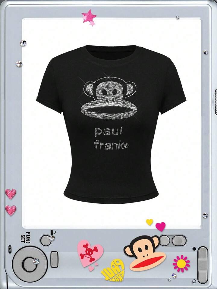 Paul Frank X ROMWE Women's Kpop Y2K Baddie Subculture Casual Rhinestone Embellished Slim Fitted T-Shirt