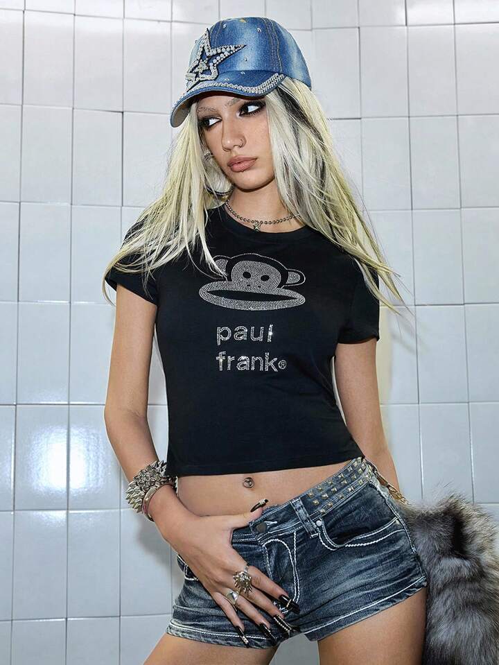 Paul Frank X ROMWE Women's Kpop Y2K Baddie Subculture Casual Rhinestone Embellished Slim Fitted T-Shirt 5 Paul Frank X ROMWE Women's Kpop Y2K Baddie Subculture Casual Rhinestone Embellished Slim Fitted T-Shirt