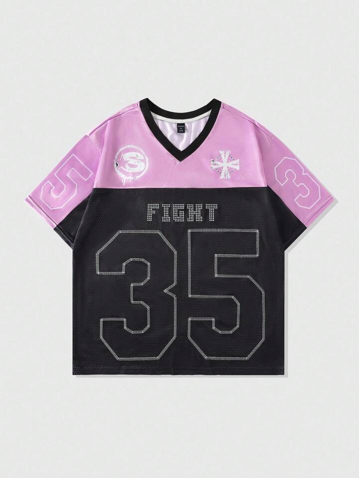 Prep Men's Street Basketball Jersey Short Sleeve T-Shirt, Sports Tee With Mesh Fabric Patchwork And Glossy Material
