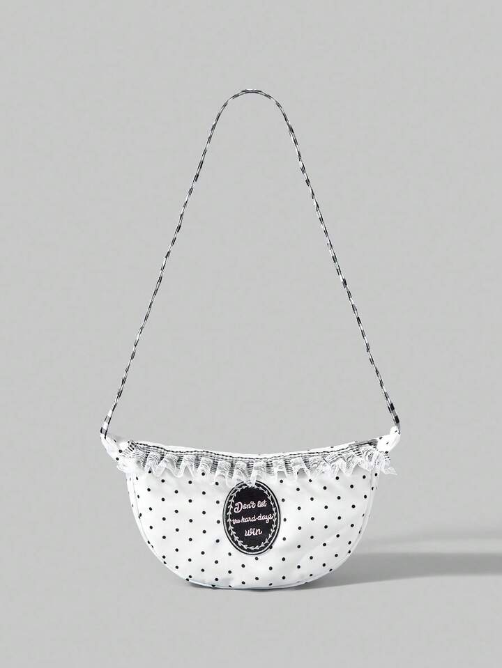 Anime 1pc White Sweet Cute Plaid Lace Patchwork Pop Art Sexy Classic Polka Dot Letter Crescent Moon Shoulder Bag, Suitable For Shopping And More