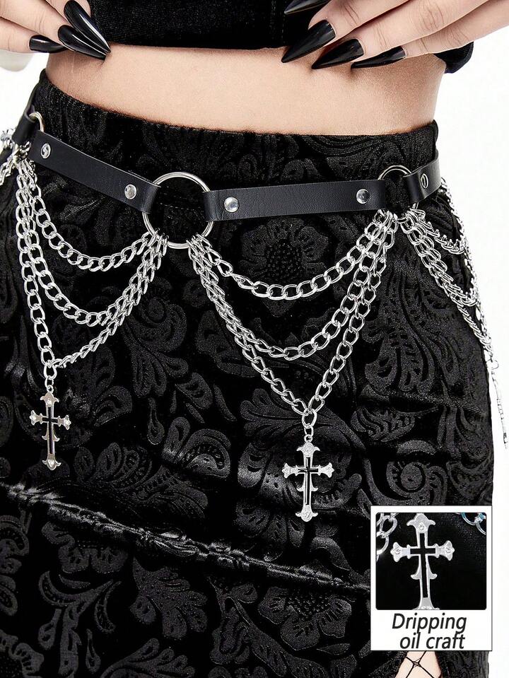 Goth 1pc Women's Black Hollow Star & Circle Decor Chain Belt, Punk Style Decoration For Daily Dress