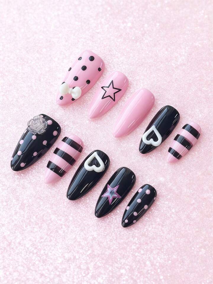 Anime 10 Pieces Of Cute Striped, Polka Dot, Star Elements Nails, High-Quality Handmade Fake Nail Pads + 3 Pieces Of Double-Sided Tape, Y2K Contrasting Nail Art, Removable Medium And Long Almond-Shaped Wearing Armor, Reusable Glossy Nail ,Polish Glue Fake Nail Pads , Suitable For Parties, Dances And Daily Wear.