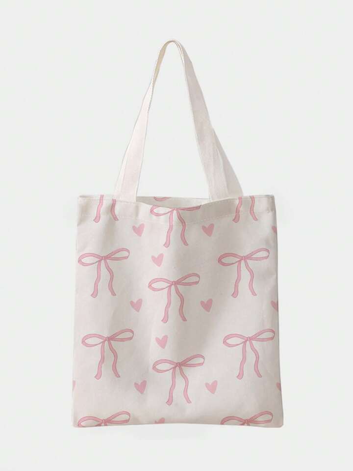 Kawaii Double Side Printed Bow & Heart Design Canvas Tote Bag, Artistic Style School Bag & Book Bag For Women Or Students, Perfect For Books, Shopping, Back To School And More
