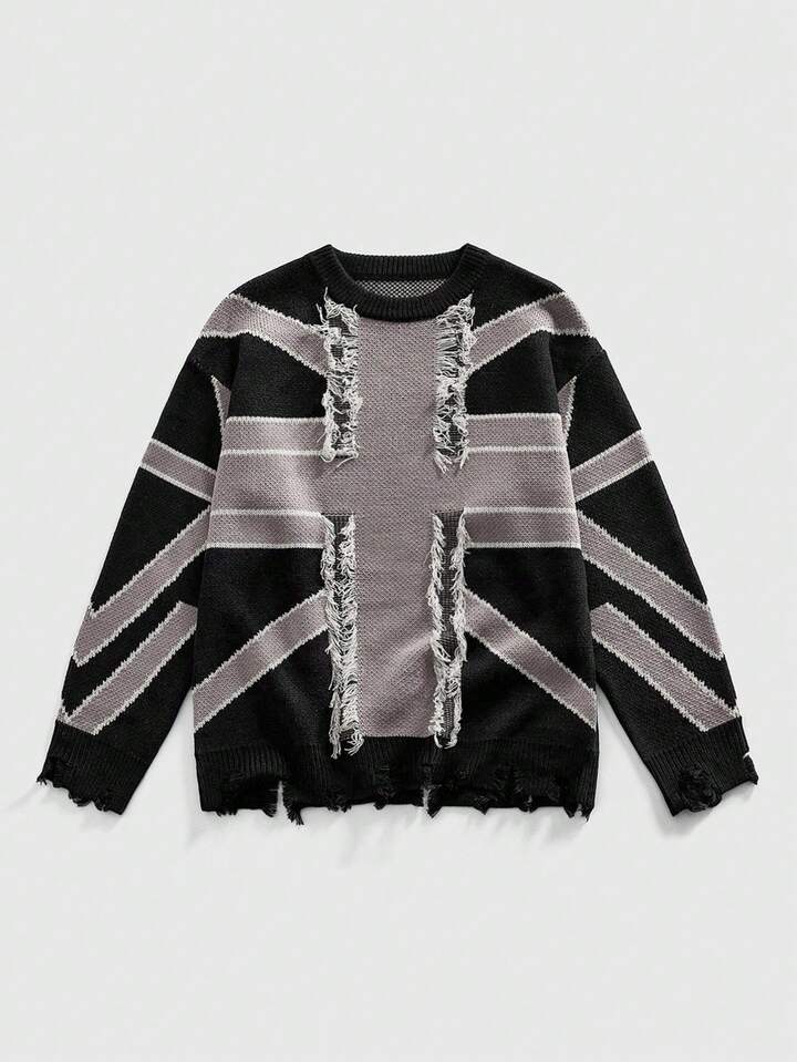 Street Life Fashionable Vintage Flag Intarsia Knit Sweater, Casual Loose Fit Pullover For Men, Winter, Long Sleeve Top