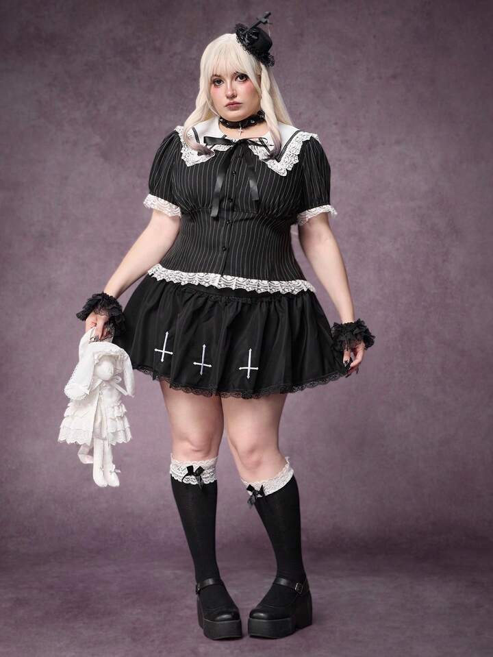 Goth Plus Size Women's Striped Fitted Waist Lace Patchwork Collar Cross Short Sleeve Blouse