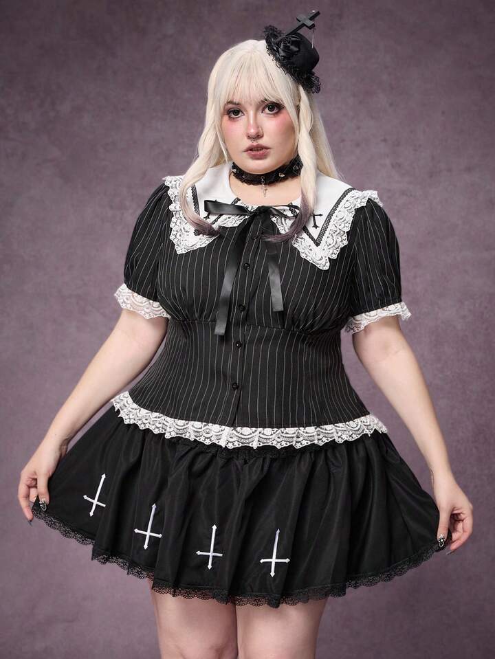 Goth Plus Size Women's Striped Fitted Waist Lace Patchwork Collar Cross Short Sleeve Blouse 2 Goth Plus Size Women's Striped Fitted Waist Lace Patchwork Collar Cross Short Sleeve Blouse