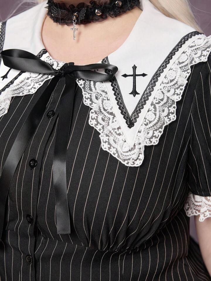 Goth Plus Size Women's Striped Fitted Waist Lace Patchwork Collar Cross Short Sleeve Blouse 3 Goth Plus Size Women's Striped Fitted Waist Lace Patchwork Collar Cross Short Sleeve Blouse