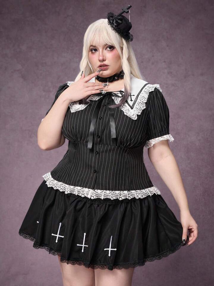 Goth Plus Size Women's Striped Fitted Waist Lace Patchwork Collar Cross Short Sleeve Blouse 4 Goth Plus Size Women's Striped Fitted Waist Lace Patchwork Collar Cross Short Sleeve Blouse