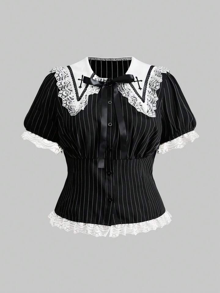 Goth Plus Size Women's Striped Fitted Waist Lace Patchwork Collar Cross Short Sleeve Blouse 5 Goth Plus Size Women's Striped Fitted Waist Lace Patchwork Collar Cross Short Sleeve Blouse