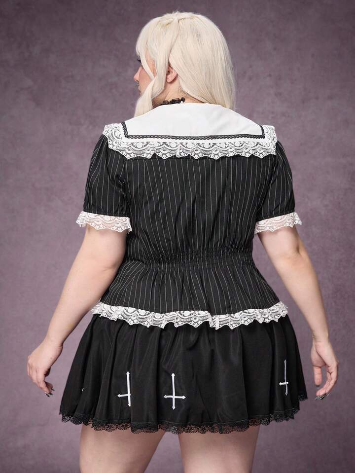 Goth Plus Size Women's Striped Fitted Waist Lace Patchwork Collar Cross Short Sleeve Blouse 6 Goth Plus Size Women's Striped Fitted Waist Lace Patchwork Collar Cross Short Sleeve Blouse
