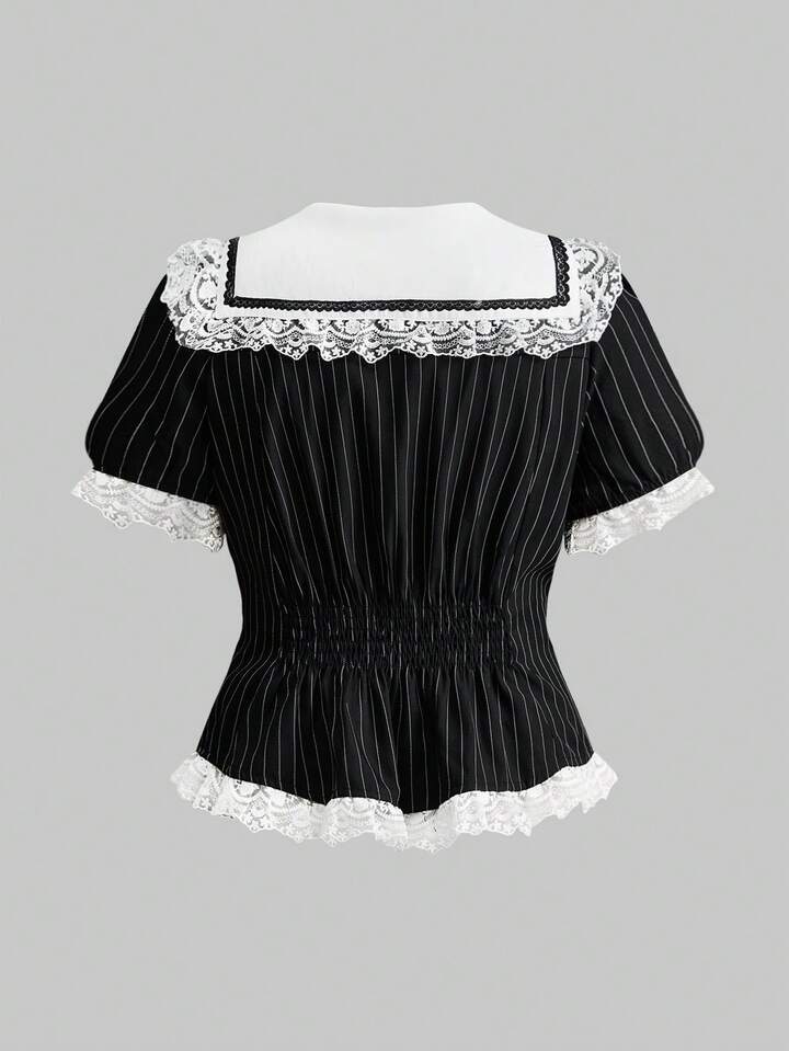 Goth Plus Size Women's Striped Fitted Waist Lace Patchwork Collar Cross Short Sleeve Blouse 7 Goth Plus Size Women's Striped Fitted Waist Lace Patchwork Collar Cross Short Sleeve Blouse