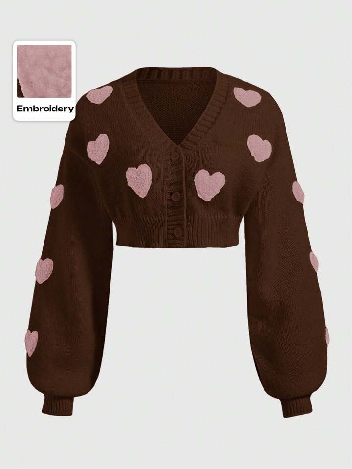 Kawaii Casual Heart Embroidery Lantern Sleeve Cropped Cardigan, Autumn