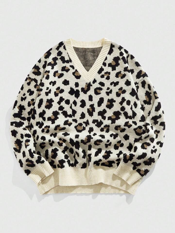 Street Life Men's Casual V-Neck Long Sleeve Leopard Print Pullover Sweater , Fall Winter