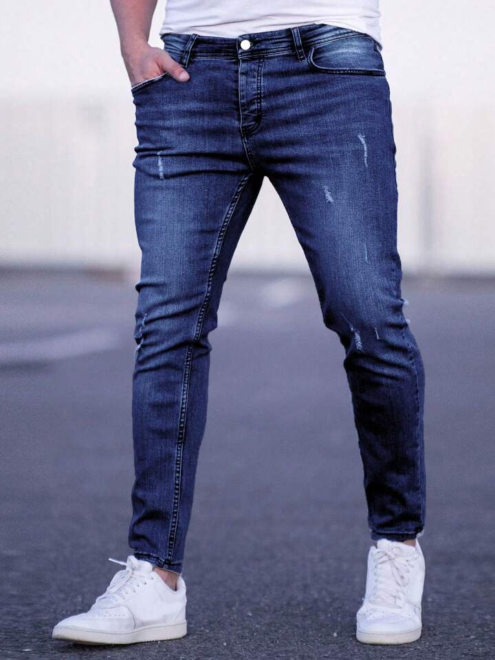 Guys Bleach Wash Cat Scratch Skinny Jeans
