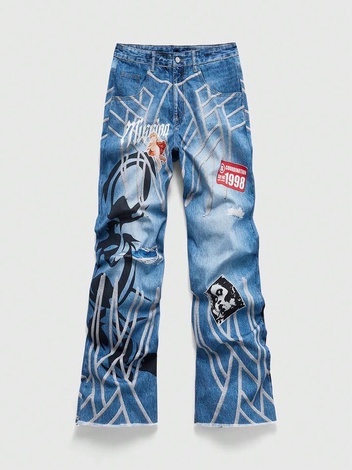 Street Life Men's Casual Printed Denim Jeans