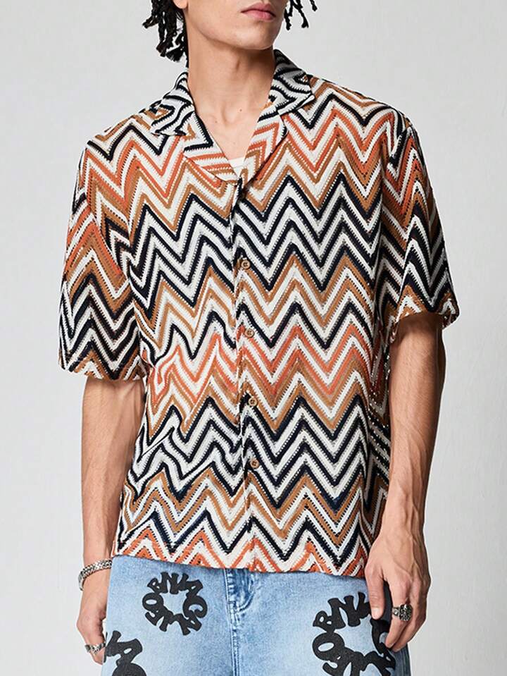 Men's Casual Contrast Color Herringbone Short Sleeve Shirt, Vacation