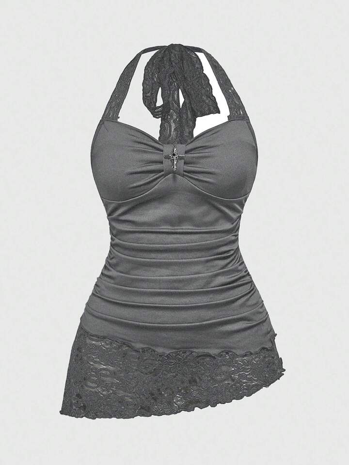 Knit Patchwork Lace Asymmetrical Hem Lace Trim Halter Tie Waist Women Tank Top