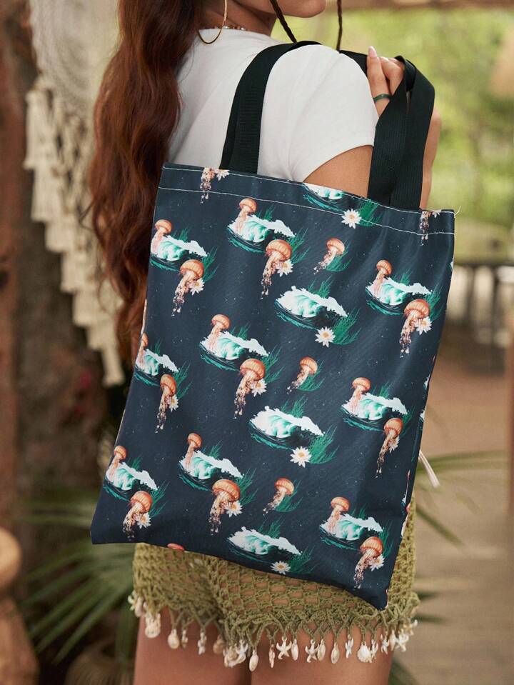 The White Lotus Mushroom Wave & Lotus Printed Reusable Tote Bag/Shopping Bag, Spring/Summer, Canvas Shoulder Bag 4 The White Lotus Mushroom Wave & Lotus Printed Reusable Tote Bag/Shopping Bag, Spring/Summer, Canvas Shoulder Bag