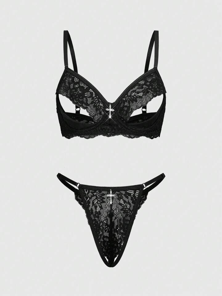 Dark Gothic Lace Wire-Framed Bra & Crotchless G-String Sexy Lingerie Set