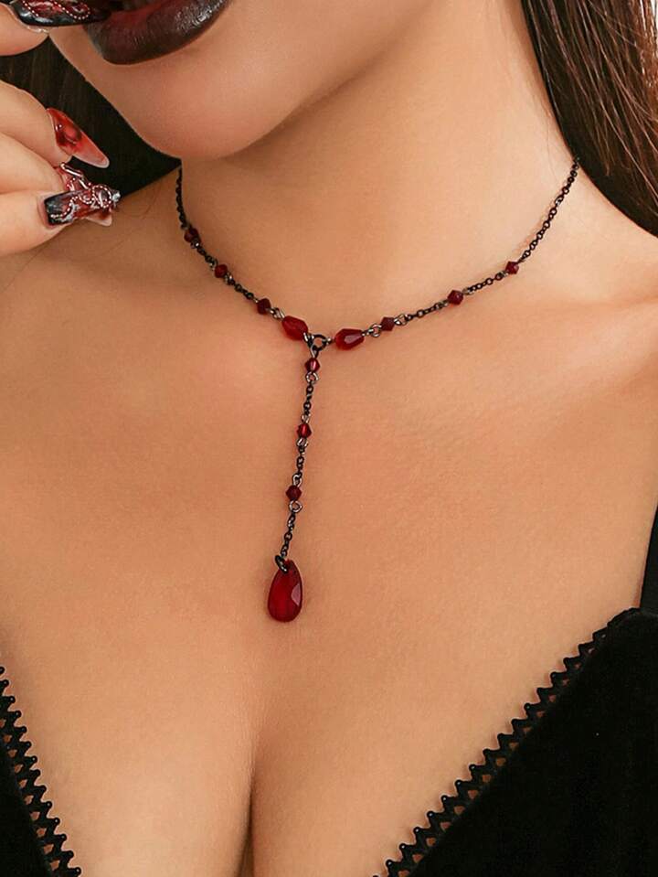 1pc Women's Vintage Gothic Blood Drop Pendant Necklace, Halloween