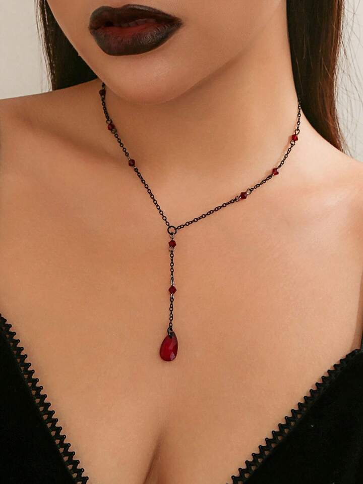 1pc Women's Vintage Gothic Blood Drop Pendant Necklace, Halloween