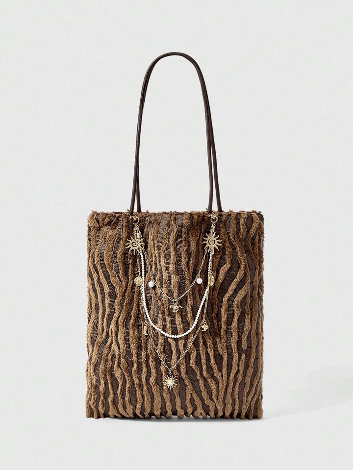 Grunge Punk 1pc Vintage Spiral Pattern Sun Chain Western Cowboy Decor Plush Texture Tote Bag, Large Capacity Commuter Shoulder Bag For Women