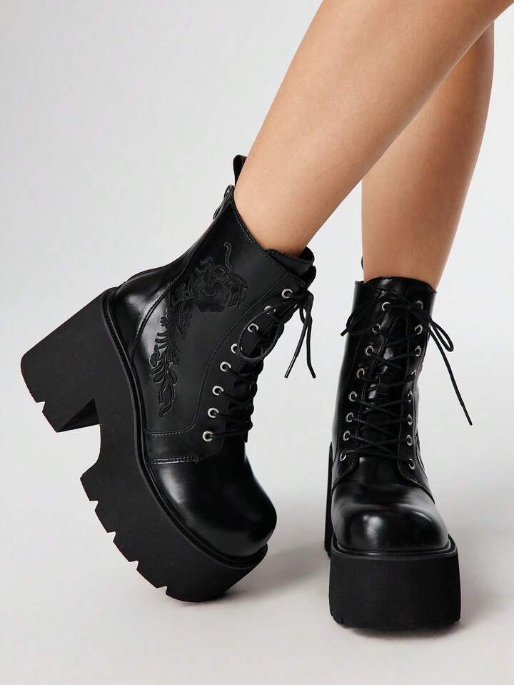 Women's Casual Dark Gothic Style Platform Wedge Round Toe Ankle Boots, Floral Embroidery Punk Leather Chunky Heel Booties For Outdoor, Commute, Party, Nightclub For Christmas