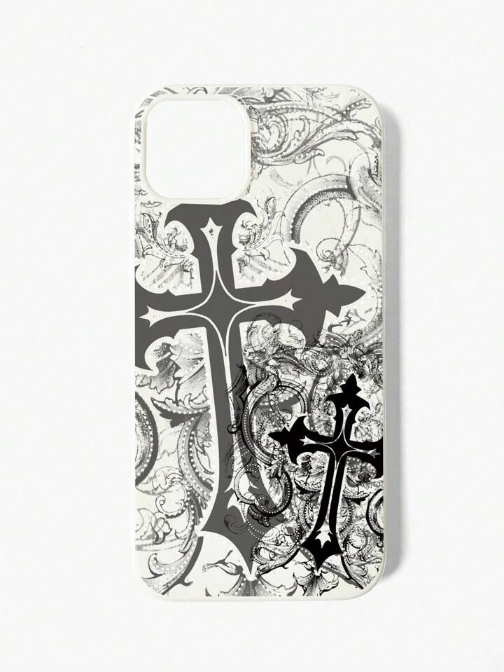 1pc Gothic Style Cross Pattern Transparent Glitter Phone Case, Halloween