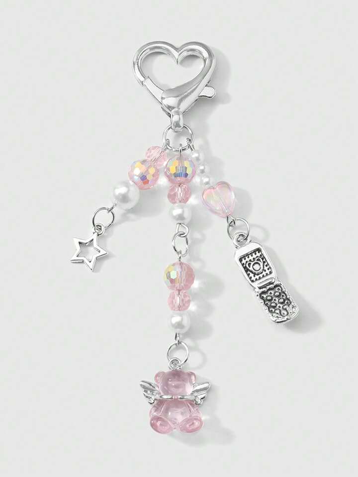 Kawaii 1pc Refined & Cute Girl Minimalist Academic Style Silver Chain Faux Pearl & Crystal Round Ball Stars Strawberry Bow Cartoon Phone Pendant Keychain Bag Charm, Suitable For Women, Daily Wear, Holiday Gift Valentines