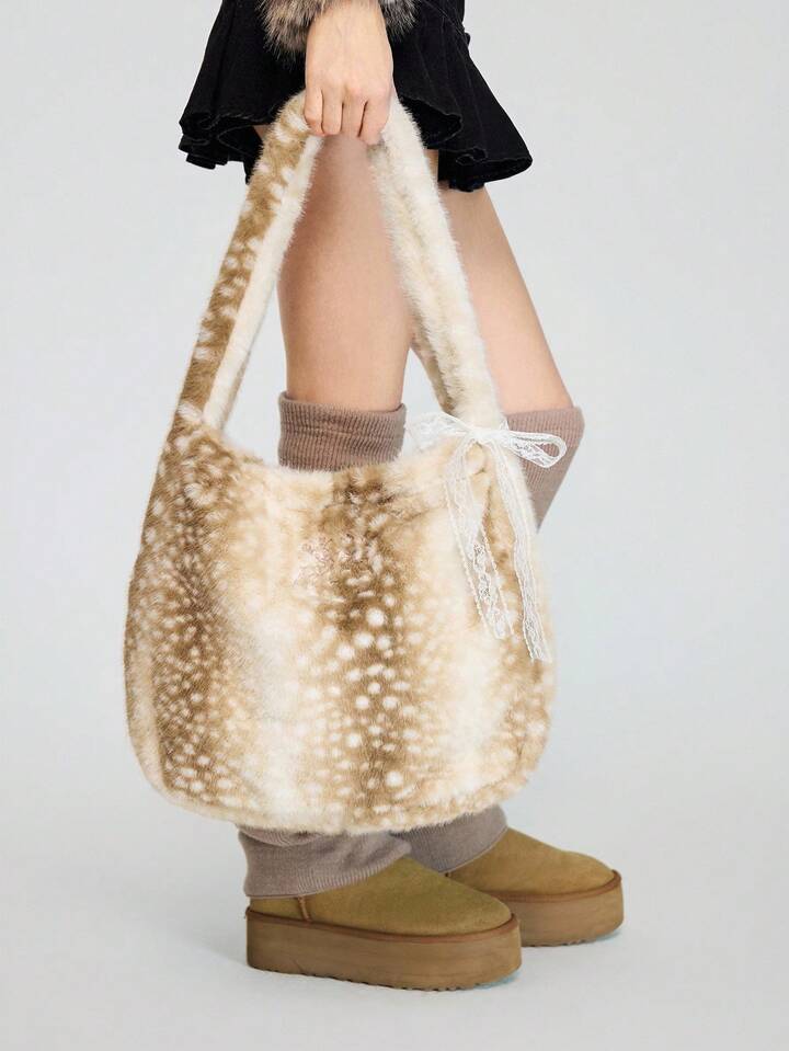 Fairycore 1pc Women's High-End Plush Deer Decor Large Capacity Shoulder Tote Bag With Bow Ribbon