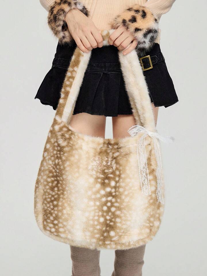 Fairycore 1pc Women's High-End Plush Deer Decor Large Capacity Shoulder Tote Bag With Bow Ribbon 2 Fairycore 1pc Women's High-End Plush Deer Decor Large Capacity Shoulder Tote Bag With Bow Ribbon