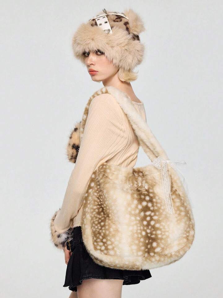 Fairycore 1pc Women's High-End Plush Deer Decor Large Capacity Shoulder Tote Bag With Bow Ribbon 7 Fairycore 1pc Women's High-End Plush Deer Decor Large Capacity Shoulder Tote Bag With Bow Ribbon