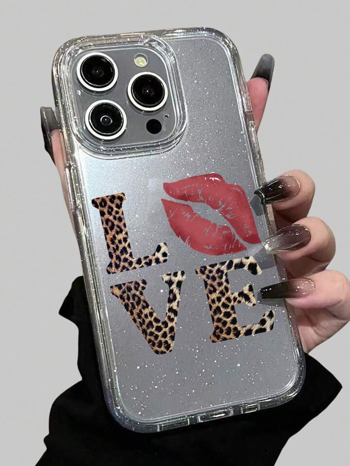 Grunge Punk 1pc Leopard & Love Pattern Black Glitter Transparent Phone Case Compatible With Iphone