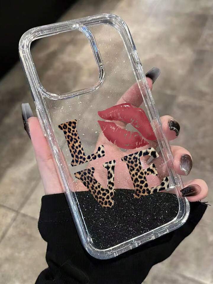 Grunge Punk 1pc Leopard & Love Pattern Black Glitter Transparent Phone Case Compatible With Iphone 2 Grunge Punk 1pc Leopard & Love Pattern Black Glitter Transparent Phone Case Compatible With Iphone