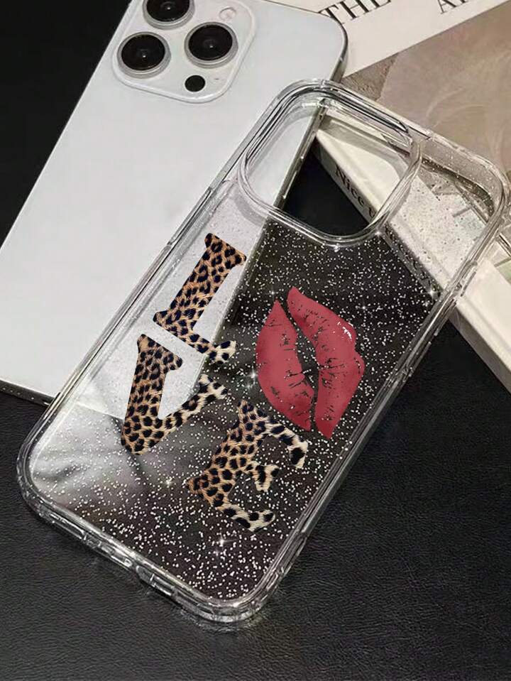 Grunge Punk 1pc Leopard & Love Pattern Black Glitter Transparent Phone Case Compatible With Iphone 3 Grunge Punk 1pc Leopard & Love Pattern Black Glitter Transparent Phone Case Compatible With Iphone