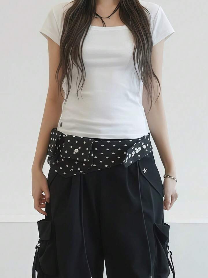 Anime Retro Black & White Polka Dot Print Pocket Waist Bag With Adjustable Width Belt, Fashion Versatile Accessory Combo For Commuting